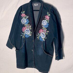 Vintage Jazzino Dark Wash Embroidered Beaded Button up Denim Jacket S